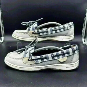 Sperry Top Sider Boat Shoes Womens 9M Gray Leather Navy Blue Casual Slip On EUC